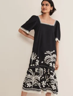 Dresses^Phase Eight Claria Linen Midi Dress Black/Ivory