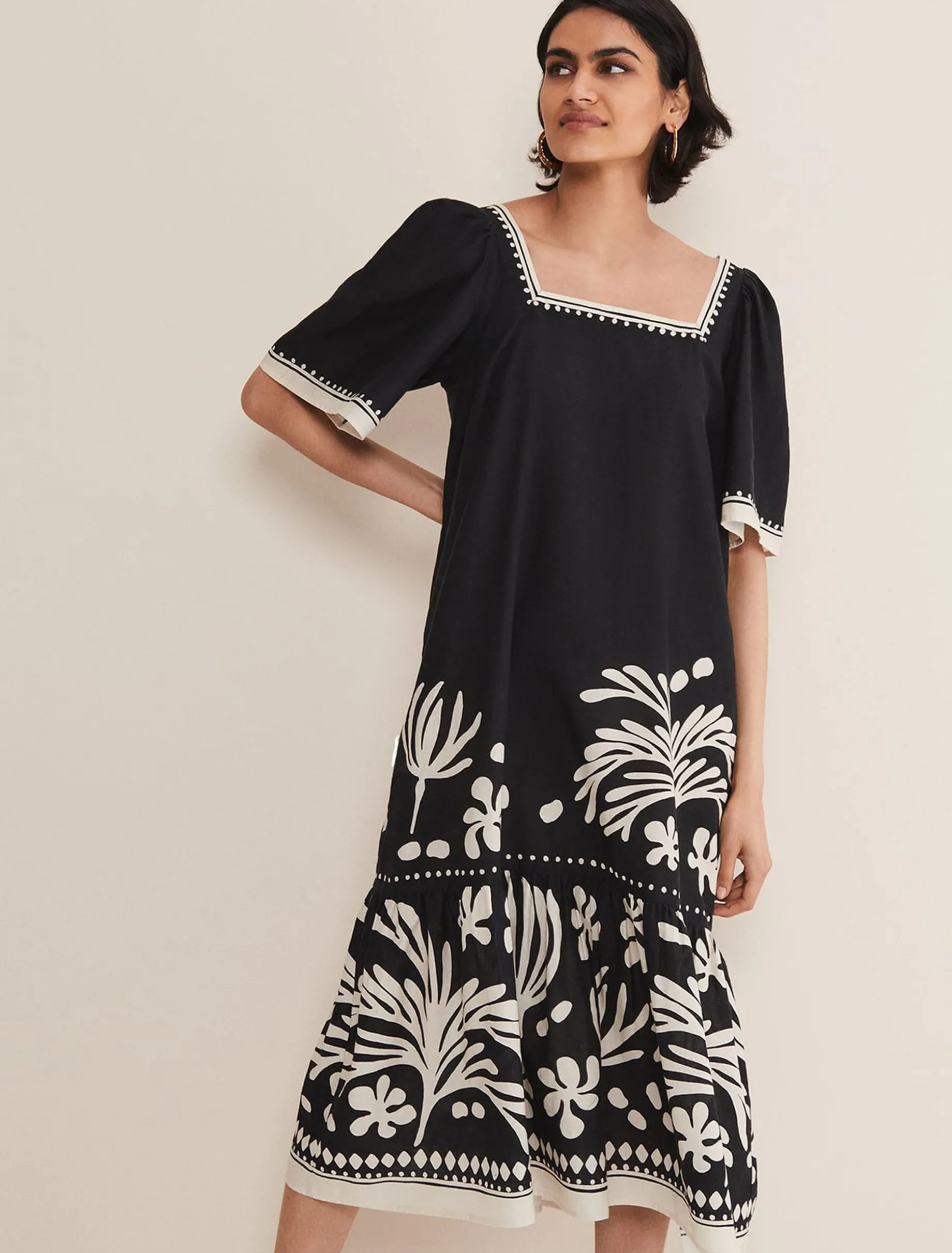 Dresses^Phase Eight Claria Linen Midi Dress Black/Ivory
