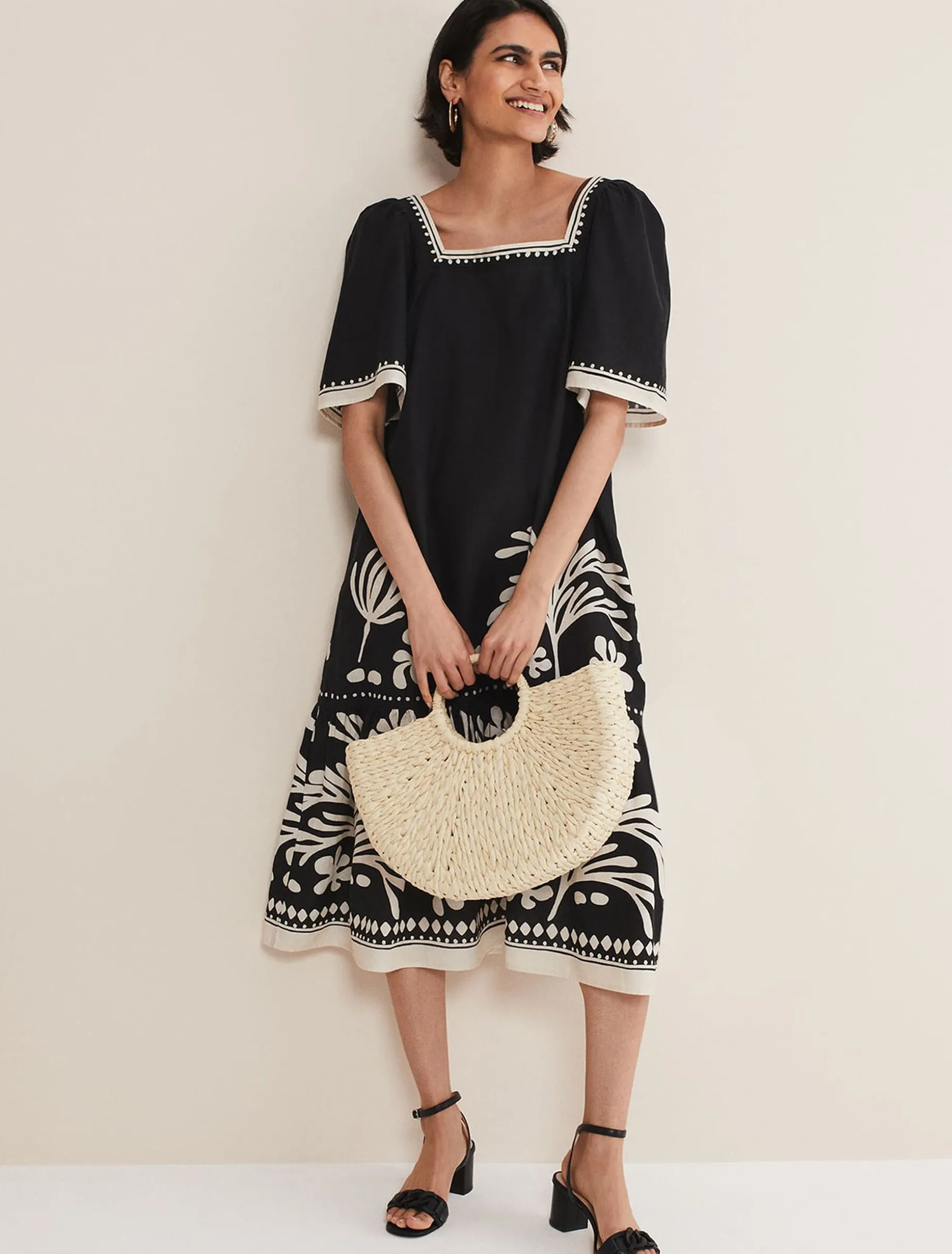 Dresses^Phase Eight Claria Linen Midi Dress Black/Ivory