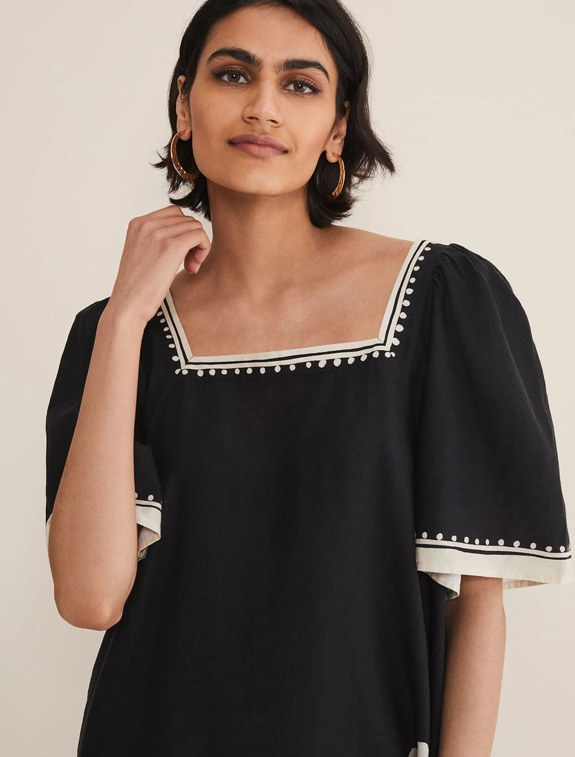 Dresses^Phase Eight Claria Linen Midi Dress Black/Ivory
