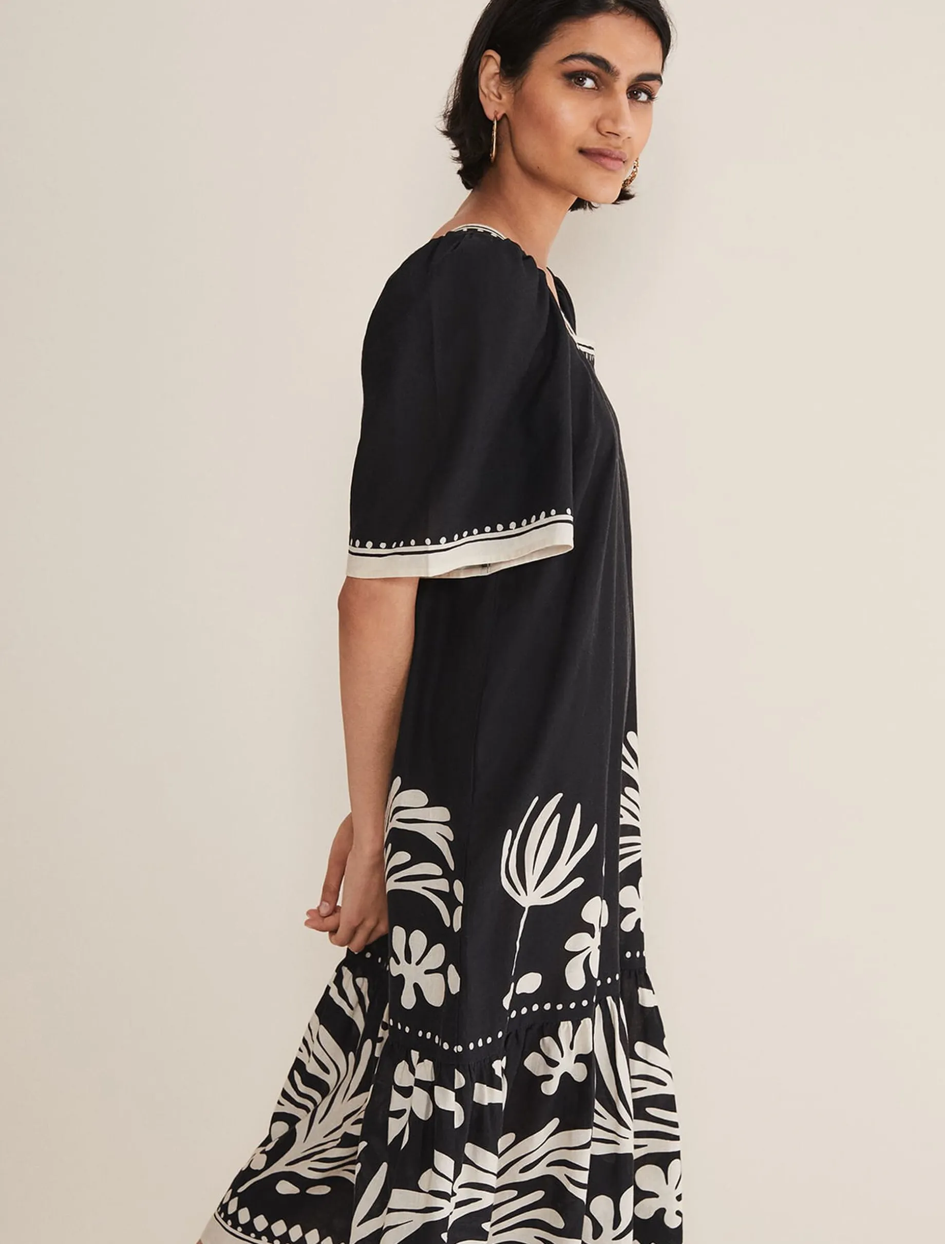 Dresses^Phase Eight Claria Linen Midi Dress Black/Ivory