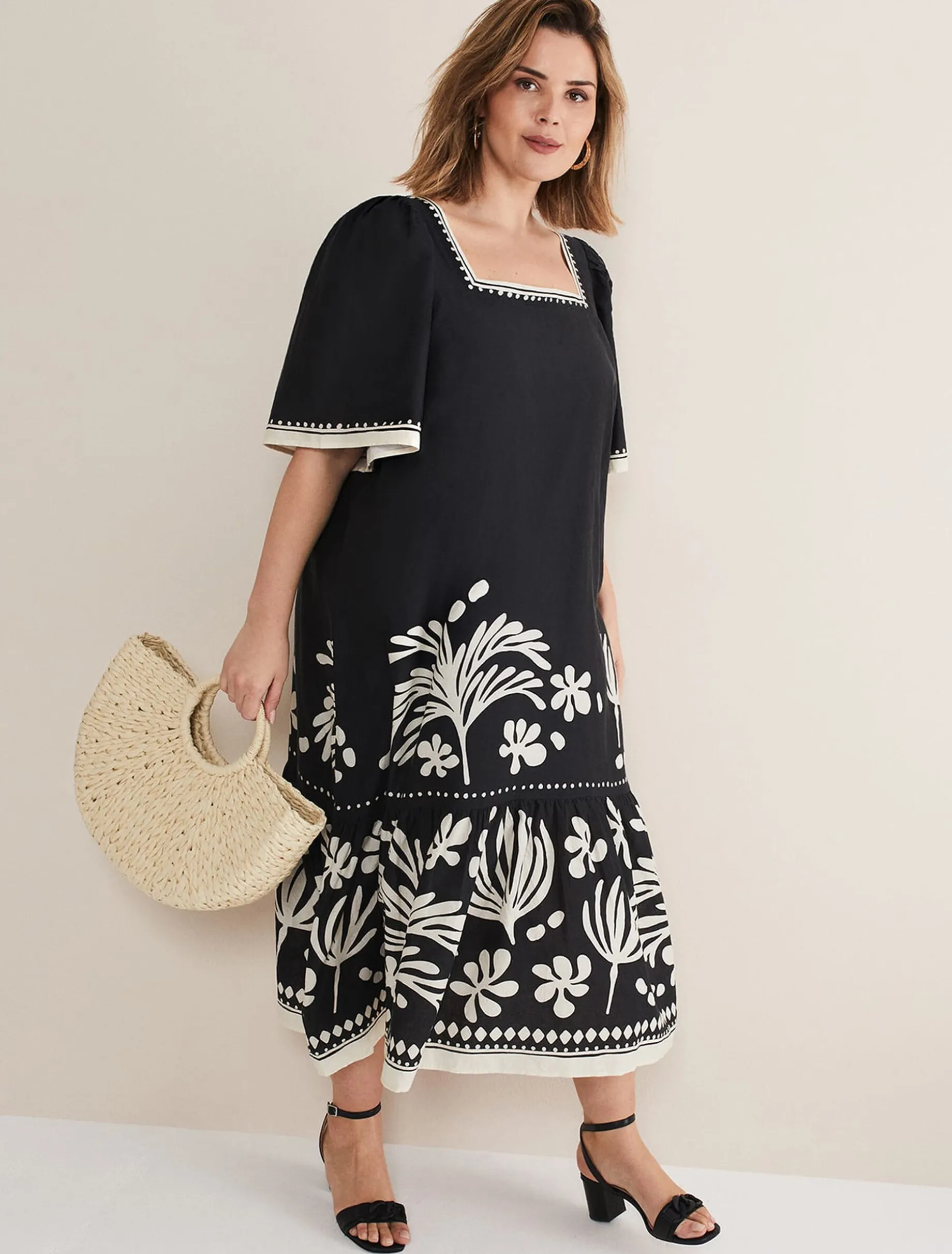 Dresses^Phase Eight Claria Linen Midi Dress Black/Ivory