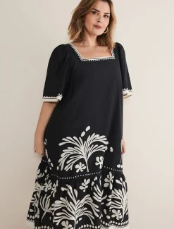 Dresses^Phase Eight Claria Linen Midi Dress Black/Ivory