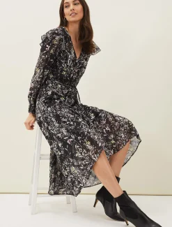 Dresses^Phase Eight Daphne Floral Wrap Dress Black/Multi