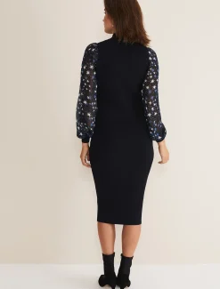 Dresses^Phase Eight Elmina Woven Sleeve Star Knit Dress Navy