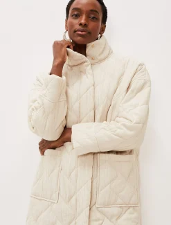 Coats^Phase Eight Fae Textured Quilted Longline Coat Ecru