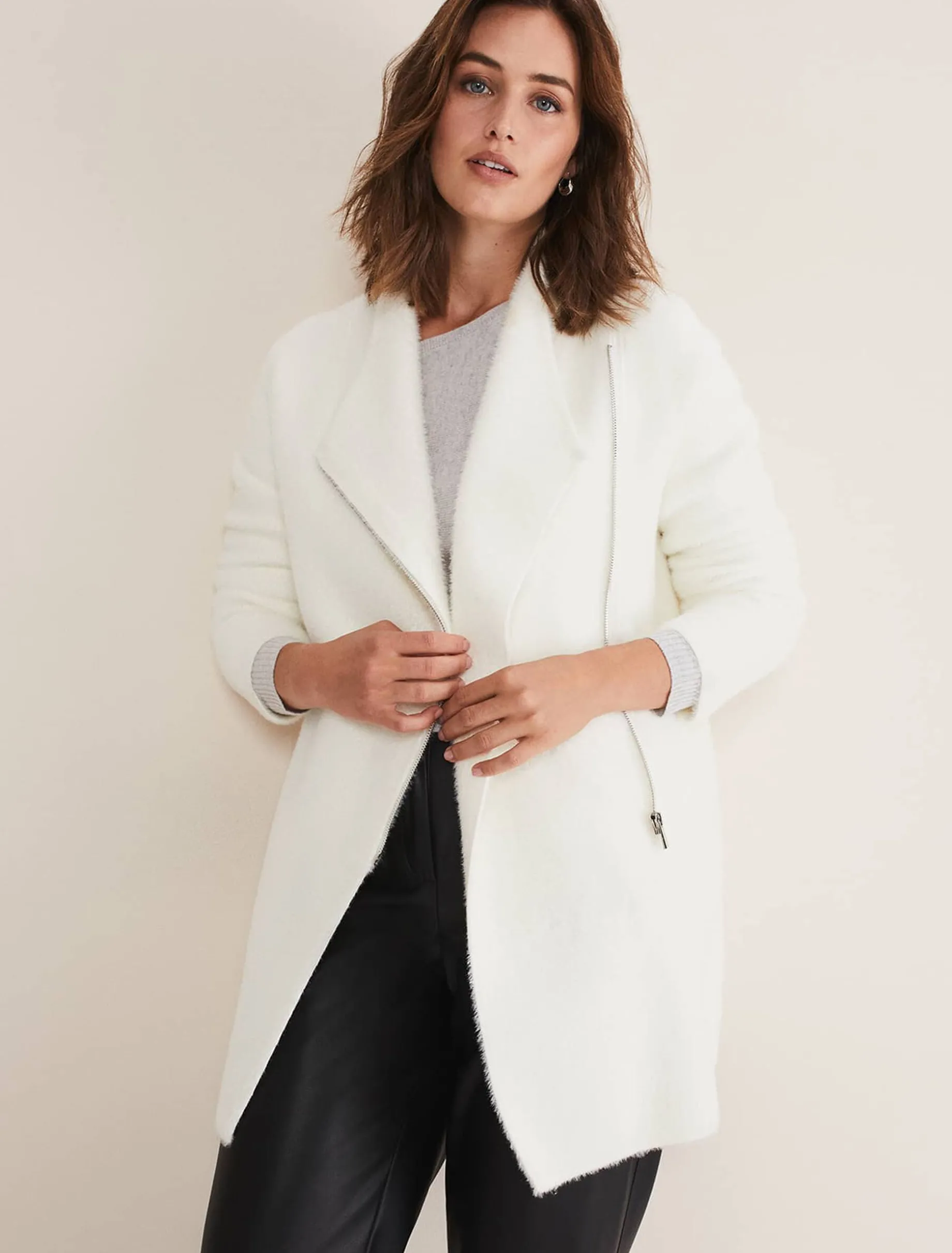 Coats^Phase Eight Fia Fluffy Zip Knit Coat Winter White