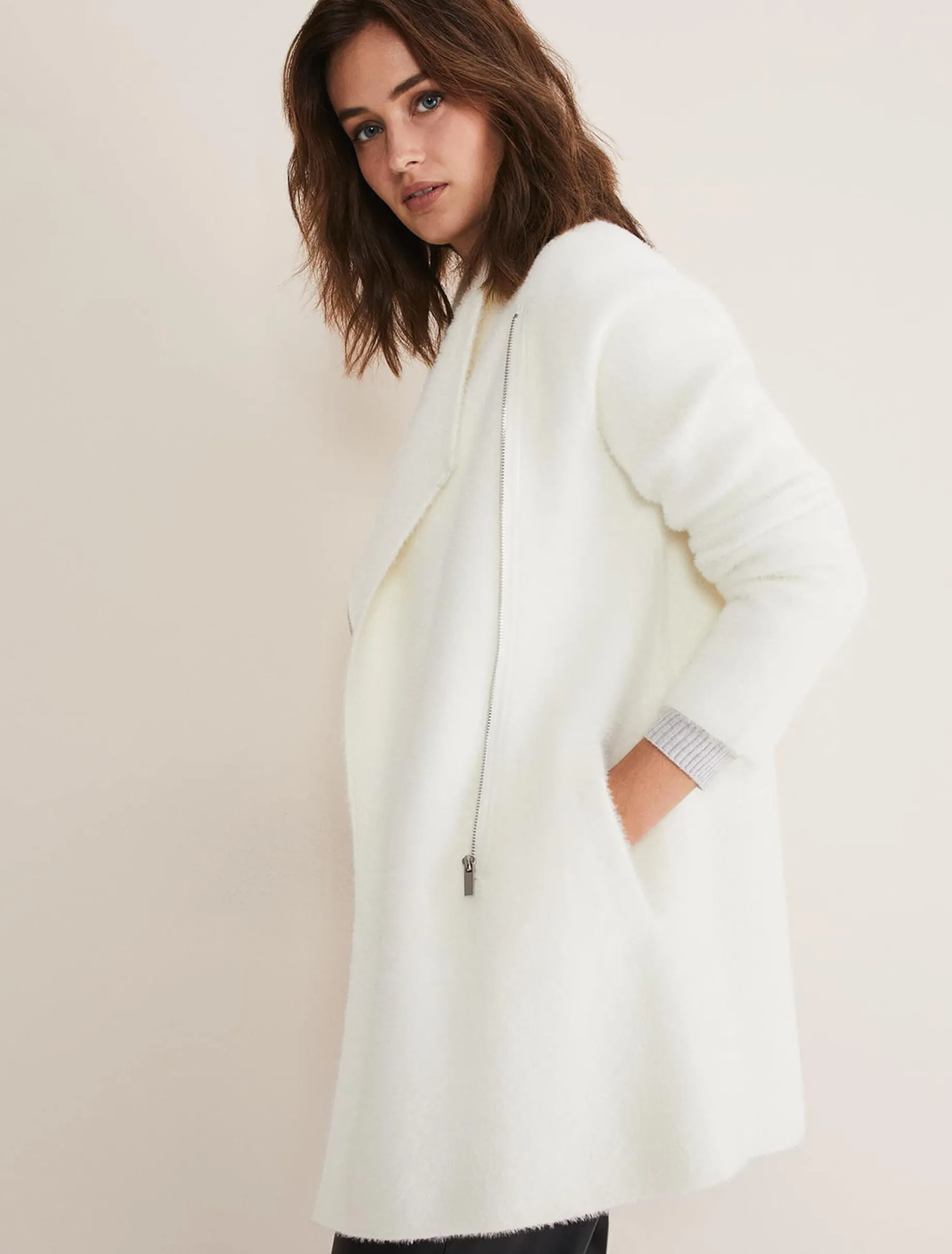 Coats^Phase Eight Fia Fluffy Zip Knit Coat Winter White