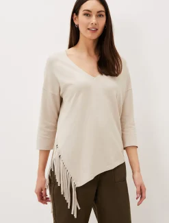 Knitwear^Phase Eight Inga Tassle Asymmetric Knit Jumper Stone