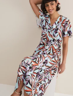 Dresses^Phase Eight Julissa Ruffle Wrap Midi Dress Aqua/Multi