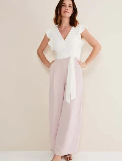 Dresses^Phase Eight Kallie V Neck Frill Jumpsuit Antique Rose/Ivory