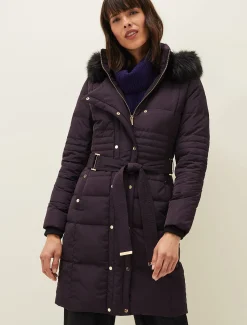 Coats^Phase Eight Leonor Tie Belt Midi Puffer Coat Plum