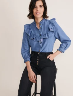 Shirts & Blouses^Phase Eight Maryam Ruffle Front Blouse Denim