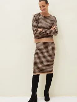 Skirts^Phase Eight Soph Dogtooth Knitted Co-Ord Skirt Camel/Black