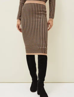 Skirts^Phase Eight Soph Dogtooth Knitted Co-Ord Skirt Camel/Black
