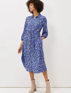Dresses^Phase Eight Tana Leopard Print Midi Shirt Dress Blue