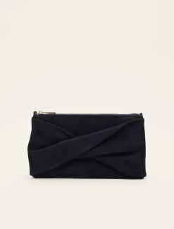 Bags^Phase Eight Twist Front Suede Clutch Bag Navy