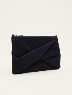 Bags^Phase Eight Twist Front Suede Clutch Bag Navy