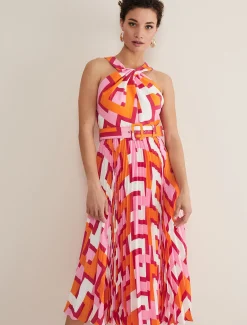 Dresses^Phase Eight Yas Pink Twisted Neck Midi Dress Pink/Orange